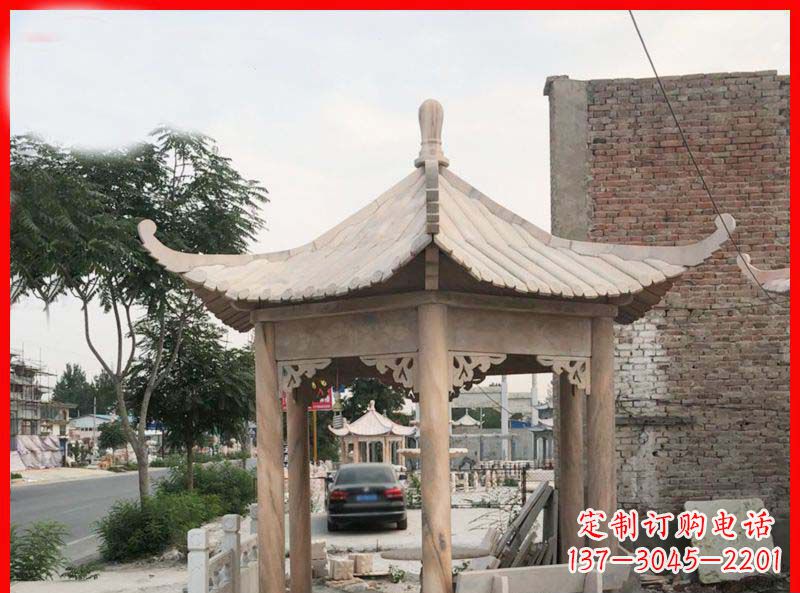 许昌公园晚霞红六角石凉亭雕塑