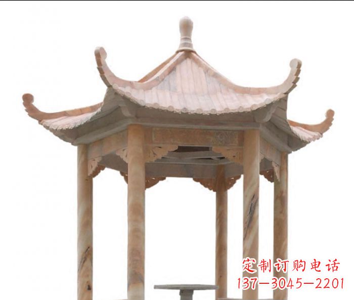许昌美丽而优雅的公园晚霞红六角石凉亭雕塑