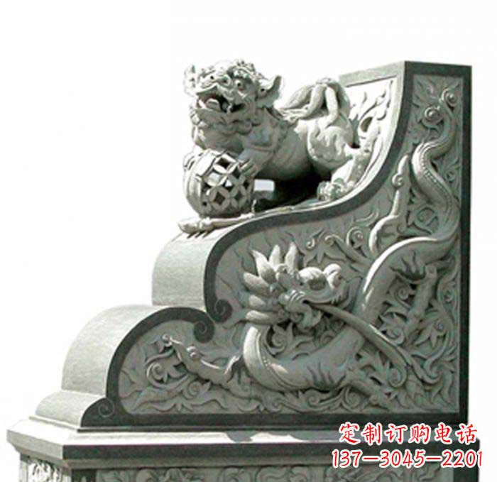 许昌寺庙景观玩绣球狮子石雕门墩
