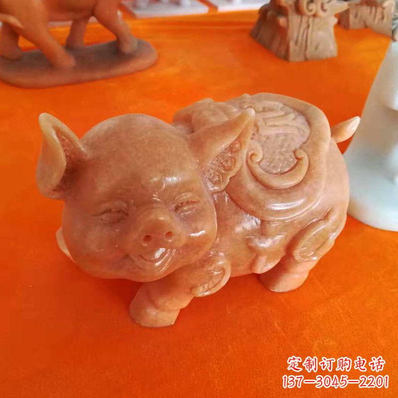 许昌晚霞红大理石招财猪雕塑-企业商场创意生肖动物风水摆件