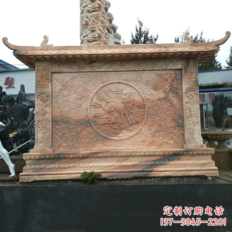 许昌晚霞红麒麟影壁墙石雕