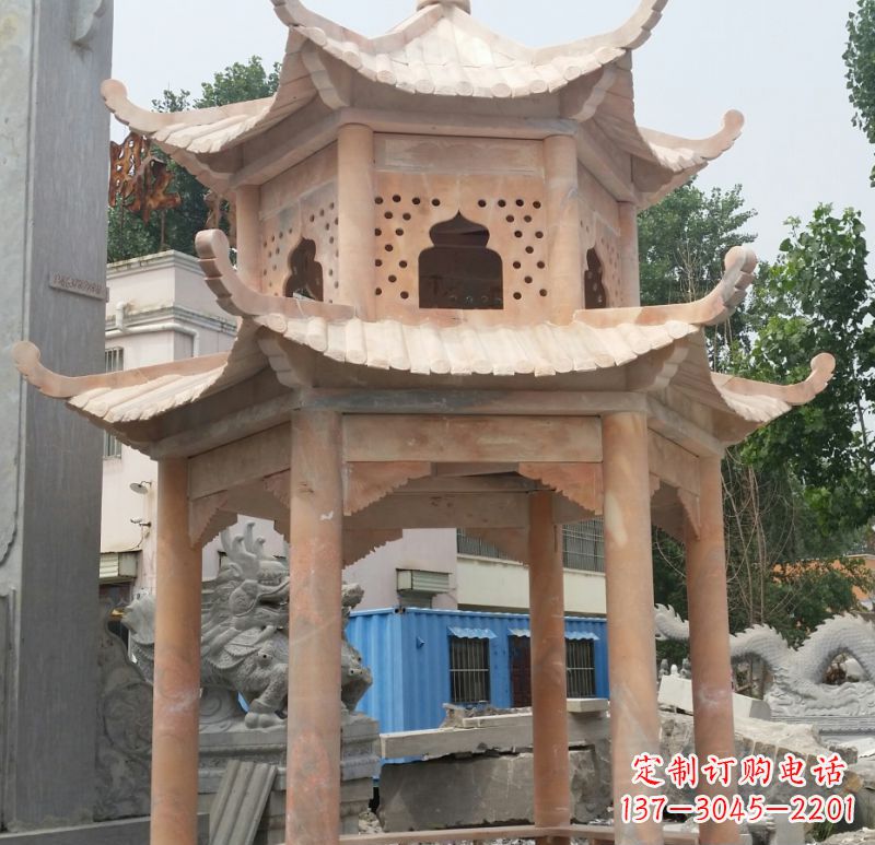 许昌晚霞红双层六角凉亭石雕 (2)