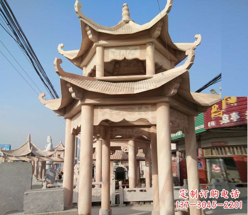 许昌晚霞红双层六角凉亭石雕 (3)