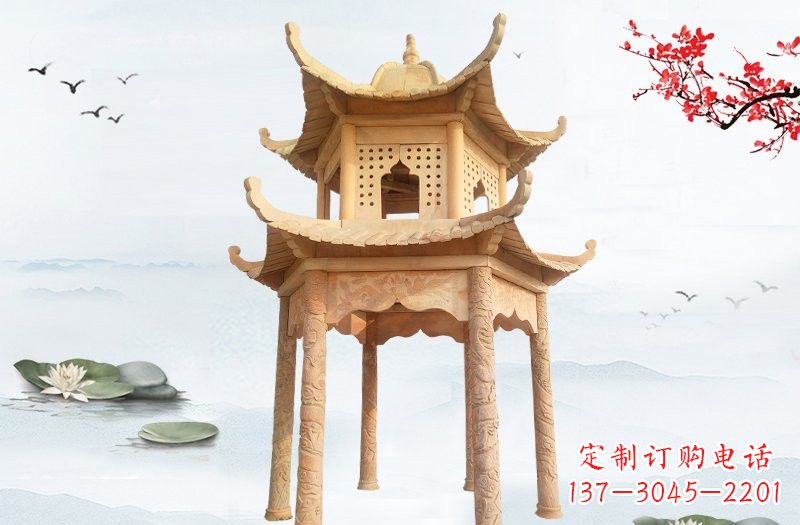 许昌晚霞红双层六角凉亭石雕