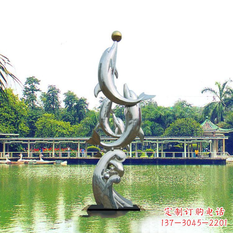 许昌戏球不锈钢海豚雕塑-园林水景动物景观