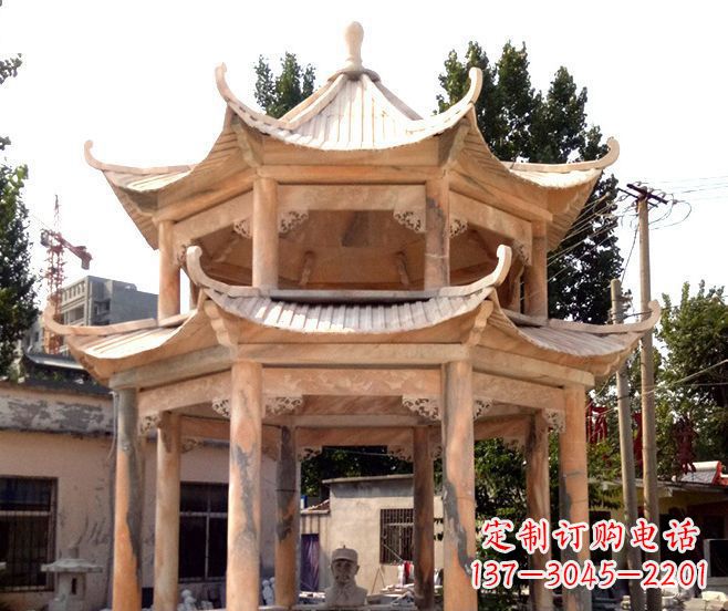 许昌园林景观晚霞红双层石雕凉亭