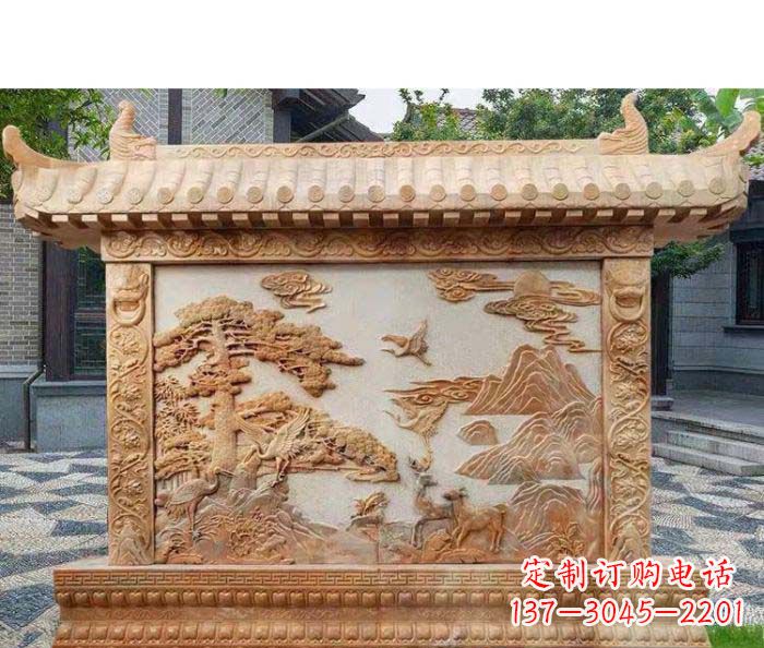许昌园林景观晚霞红松鹤石浮雕影壁