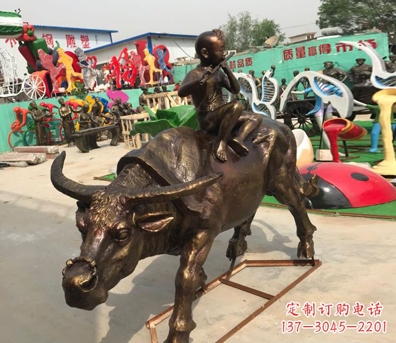 许昌园林牧童骑牛铜雕塑