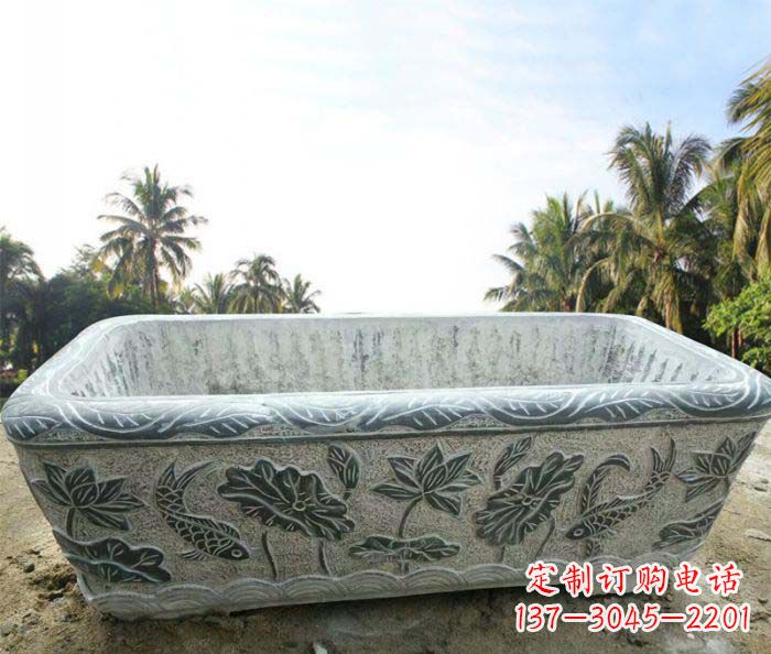 许昌长方形连年有余荷花浮雕石水缸
