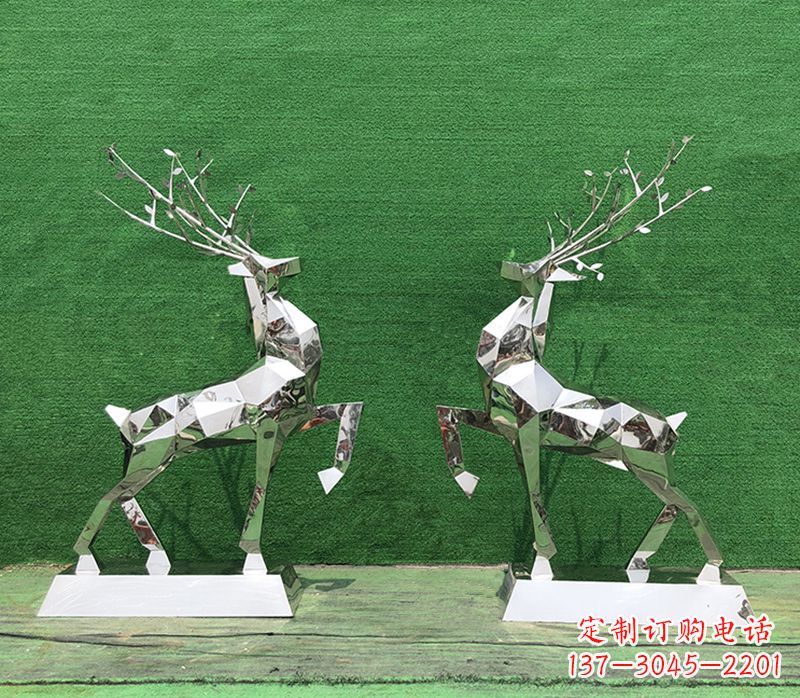 许昌梅花鹿雕塑-公园两只不锈钢镜面梅花鹿雕塑